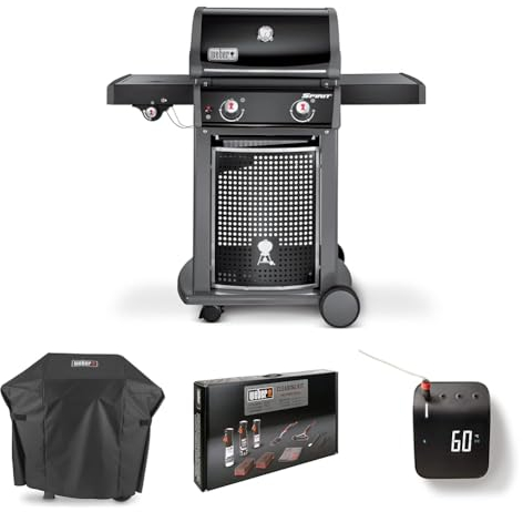 Bundle - Weber Spirit E-220 Classic Gas Grill Barbeque|BBQ Grill with 2 Burners & Sideburner|Cast Aluminium Lid Cover & Body|Folding Side Table & Cupboard|Portable Stand on Wheels - Black (46015074)