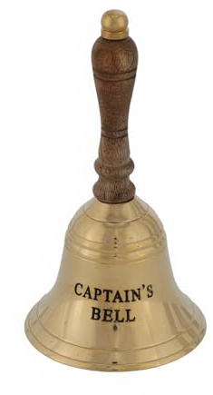 Tischglocke/Handglocke aus poliertem Messing mit Holzgriff und Prägung CAPTAIN'S BELL, H: 12,5 cm, Ø:6,5 cm oder 16 cm, Ø: 9cm Größe 125 mm