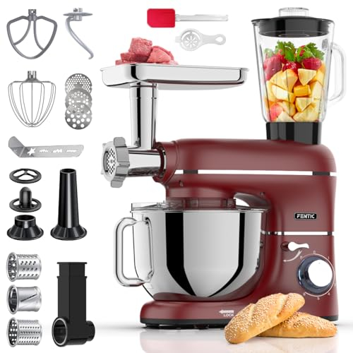 Fentic 6 in 1 Impastatrice Planetaria – 2000W – Con Tritacarne, Frullatore da 1,5L, Tagliaverure, Accessori Extra – Robot da Cucina con Ciotola 6.2L, Frusta, Gancio Impastare, Mescolatore (Rosso)