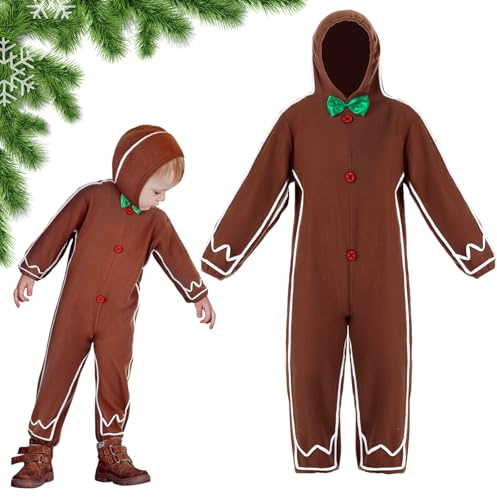 Geyoga Gingerbread Man Costume for Kids Home Clothing Christmas Gingerbread Outfit Bodysuit Hooded Unisex(Brown,10-12 Years)