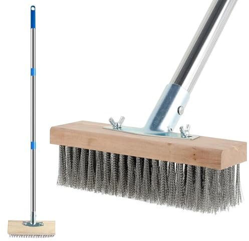 Stahldrahtbesen mit Abnehmbarer Stiel(127cm), Drahtbesen zum Entfernen von Unkraut, Moos, Algen und Hartnäckigen Flecken, Robuste Drahtbürste Metallbesen für Terrasse, Deck, Garten, Dusche, Wand