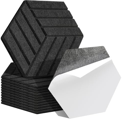 Ansobea 12 Stück Akustikplatten Selbstklebend Akustikpaneele 30x26x0.9cm Schwarz Gefühlt Streifen Akustik Schaumstoff Geeignet für Haus und Studio