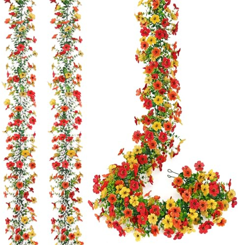MEIVINES Guirnaldas de Flores Artificiales 2 Piezas Multicolor Artificial Flores Garland Colgando Flores Artificiales Exterior para Boda Jardín Hoga Decoración(Rojo&Amarillo&Naranja)