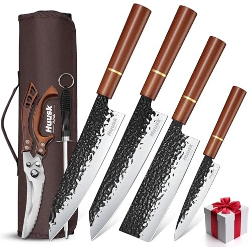 Huusk Japanese Knife Set 6pcs with Covers - Professional Chef Knife Set with Bag & Sharpener, High Carbon Steel Forged Knives Sets with Scissors, Japanese Kitchen Knives Sets, Christmas Gifts for Men