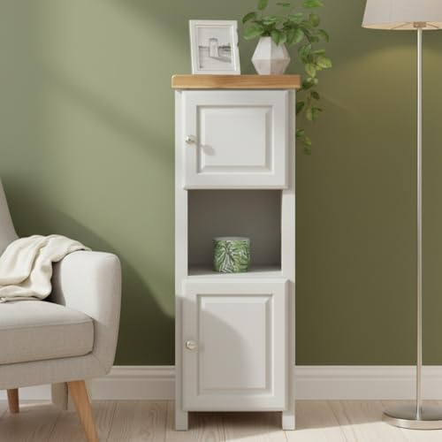 GROF furniture Lackierter schmaler Schrank, Fluraufbewahrung oder Wohnzimmereinheit, Eckvitrine mit Ablage, freistehend, hoch, Badezimmerschrank, Aufbewahrung, Organizer, Kaschmirgrau