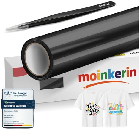 moinkerin Plotterfolie Textil Schwarz mit Pinzette 30,5x200cm | Haftstark & Waschbeständig für Kleidungs-DIY, T-Shirt, Hüte, Andere Stoffe | Iron On Folie für Schneidemaschinen