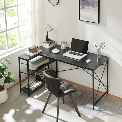 [en.casa] Mesa Escritorio de Esquina Raundsvalt Escritorio Esquinero en Forma de L con Estantería para Despacho Oficina Estudio Aglomerado Metal 137 x 88 x 75 cm - Negro