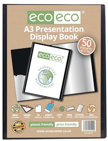 eco-eco A3 Size 50% Recycled 50 Pocket Black Presentation Display Book, Storage Case Portfolio Art Folder with Plastic Sleeves, eco199