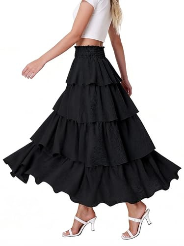 Casly Lamiit Tiered Skirt for Women High Waisted Flowy Layered Boho Ruffle Maxi Skirts Midi Party Evening Dress Black S