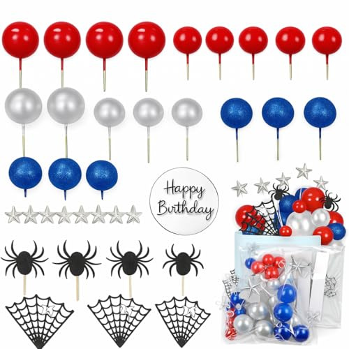 YONEEKSS 37 PCS Spider Cake Toppers Set, Spider Web Star Balls Cake Picks for Birthday Party Decorations, Cupcake Toppers for Boys Girls, Dessert Table Supplies
