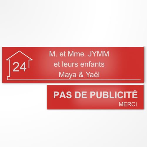 Placa de buzón personalizada 10 x 2,5 cm adhesiva + placa sin publicidad 8 x 2 cm – Grabado láser – 22 colores – Con o sin diseño (rojo texto blanco)