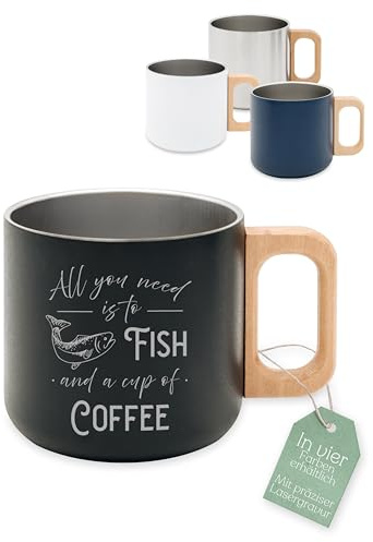 ABENTEUERNAH personalisierter Thermobecher als Geschenk für Wanderer, Trekking und Outdoor Fans für Biker, Camper, Angler als Geschenke für Männer und Frauen (schwarz, Fish)