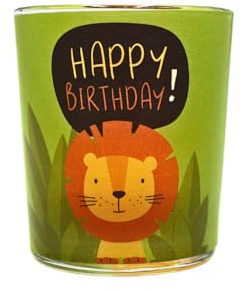 Windlichtglas, Geburtstagswindlicht, Dekoglas Kindergeburtstag, Geburtstagstischdeko, Happy Birthday Windlicht im Löwendesign in grün, inkl. Teelicht H/Ø: 6,5 x 6 cm.