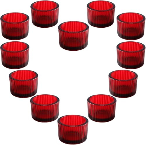 Kinmsito 12 Stück Teelichthalter Glas, Teelichtgläser, Rot, 5 x 3.5 cm | Rot Teelicht Gläser, Teelichtgläser Aus Glas, Windlicht Kerzenhalter for Hochzeit, Party, Weihnachten Deko