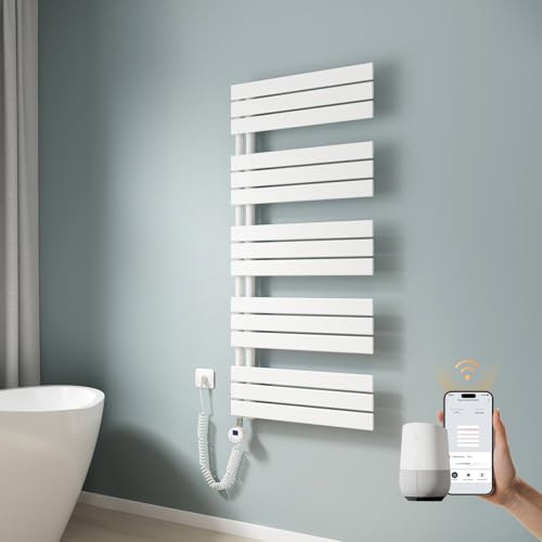 EMKE WLAN Handtuchheizkörper Elektrisch 1320x600 mm, Flach Badheizkörper Handtuchhalter Elektrisch, Elektrischer Handtuchwärmer Handtuchtrockner Handtuchheizung mit Thermostat und Heizstab, 800W Weiß