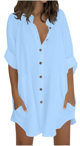 Flodxo Womens Linen Tops Summer Casual Loose T-Shirt Oversized Cotton Button Up Shirts Plus Size Longline Tunic Top 3/4 Sleeve Holiday Boho Blouses Hawaii Beach Cover Up Ladies Clothes
