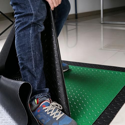 Noppenmatte Gummimatte Meterware Antirutschmatte 1.5 mm mit Diamantprägung, PVC Bodenmatte Rollen Zuschneidbar für Garagen Werkstatt Fitnessstudio und Aussenbereich(Schwarz,W 1.2 x L 1 M)