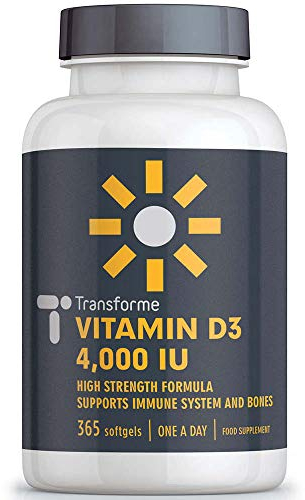 Transforme Vitamin D3 4000 IU, 365 Capsules 1 Year Supply, Maximum Strength High Absorption Softgels, Easy to Swallow Quadruple Strength VIT D Cholecalciferol - Not Tablets, Gluten Free