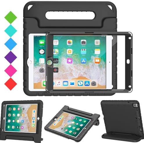 Surom Funda para niños con protector de pantalla para iPad de 9.7 pulgadas 2018/2017, iPad Air 2, a prueba de golpes con asa convertible para iPad 9.7 2017/2018 (iPad 5ª y 6ª generación), negro