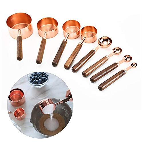 Messbecher und Löffel-Set aus Edelstahl mit Walnuss-Griff zum Abmessen von Backen, Rotgold (Messbecher und Löffel)
