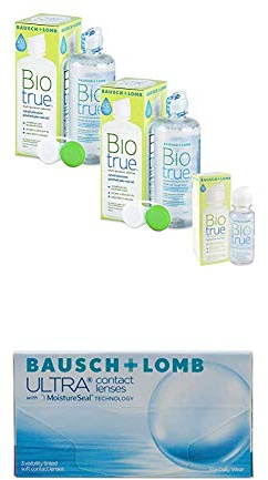 Bausch + Lomb Biotrue Solución Única 2 x 300ml + 60ml gratis para lentes de contacto blandas + Bausch + Lomb ULTRA lentillas mensuales esféricas, 3 unidades / 8.5 BC / 14.20 DIA / +05,00