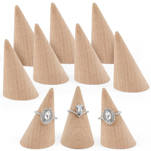 AUEAR, 10 Stück kleine natürliche Holzkegel-Ringhalter für Finger, Holz, Schmuck, Ringe, Organizer, DIY Handwerk (gekippt)