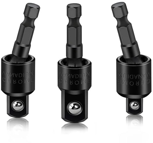 Hymnorq 3PC Wobble Socket Adapters, 360 Degree Rotatable Universal Joint Swivel Socket Set, 1/4 Inch Hex Shank to 1/4 3/8 1/2 Square Socket Drives, CR-V Steel Black Oxide Finish, for Narrow Workplace