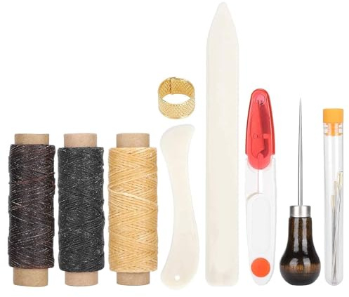 14 Stück Nähen Buchbinderwerkzeuge, Knochenordner Creaser Gewachster Leinenfaden Holzgriff Ahle Nadeln mit großen Augen für DIY Nähzubehör