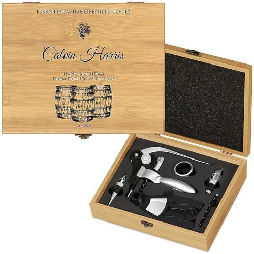 Maverton Wine Opener Tools in Bamboo Box, Engraved Set for Men, Grape
