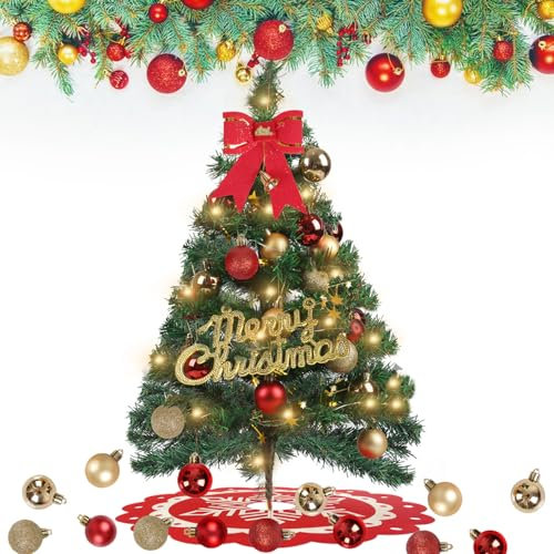 GEDEGOOK Mini árbol de Navidad con 29PCS Adornos, Pequeño Árbol de Navidad Artificial, Mini Árbol Navidad con Luces LED, Manualidades Navideñas,Verde 60CM