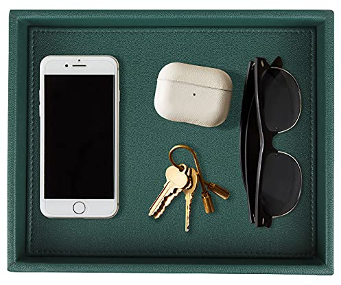 HofferRuffer Faux Leather Decorative Tray, Elegant Desktop Storage Organizer, Decorative Catchall Perfume Tray, Nightstand or Dresser Vanity Tray Organizer, 10.2 x 8.4 x 1.8 inches (Dark Green)