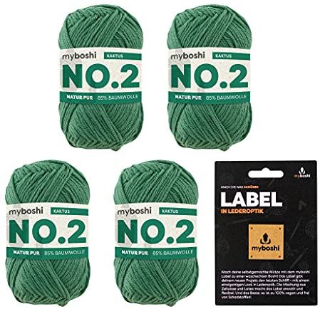myboshi No.2 inkl. Label, Baumwolle zum Häkeln und Stricken, für Baby und Amigurumi, vegan, 60 Grad waschbar, 50g, Ll 100m Grün (Kaktus), 4 Knäuel