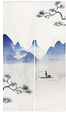 LIGICKY Noren Doorway Curtain Chinese Style Ink Mountain Lake Printed Cotton Linen Window Treatment Door Tapestry for Home Decoration 85 x 150 cm