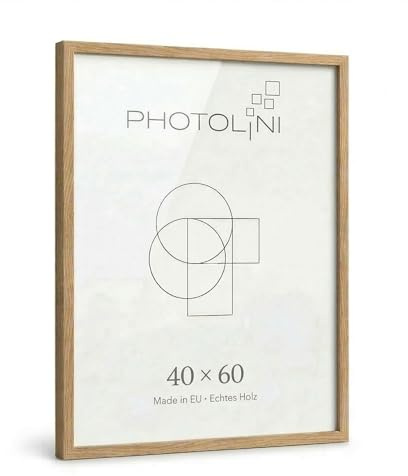 PHOTOLINI Bilderrahmen 40x60 Holz Eiche, 40x60 cm Bilderrahmen Made in EU, Holzrahmen 60x40 mit bruchsicherem Acrylglas, Picture Frame zum Aufhängen mit Zubehör - für Ihre liebsten Fotos & Bilder
