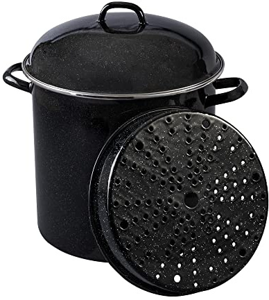 Granite Ware 15 Qt Heavy Gauge Seafood, Tamale, Steamer Pot with Lid and Trivet. (Speckled Black) Enamelware. Stainless Steel. Suitable for Cooktops, Oven to table. Dishwasher Safe.