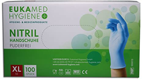 Eukamed Hygiene GmbH Nitril-Handschuhe XL, 100 Stück, puderfrei, latexfrei, hypoallergen, Lebensmittelhandschuhe, medizinische Einweghandschuhe (Pack á 100 Stück)(Größe XL)