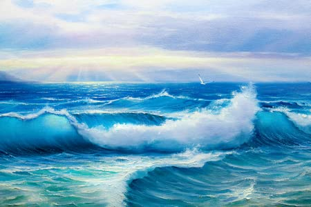 Acryl-Bild 110 x 70 cm: Morgen am Meer, Welle, Illustration, Malen von Acrylfarben auf einer Leinwand.(96572807)