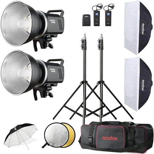 Godox Studio Flash Kit for Photography, 600W Studio Strobe Light Set with Bowens Mount, 2.4G X System MS300 Monolights, Flash Trigger, Softbox, Tripod Stands, Reflector Storage Bag, Umbrella