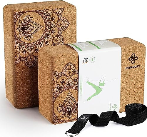 Overmont Cork Yoga Blocks 2 pack with 8ft Strap Set Natural Cork Yoga Bricks- High Density & Eco Friendly Yoga Accessories for Women - Ideal for Pilates General Fitness and Stretching 9x6x3''