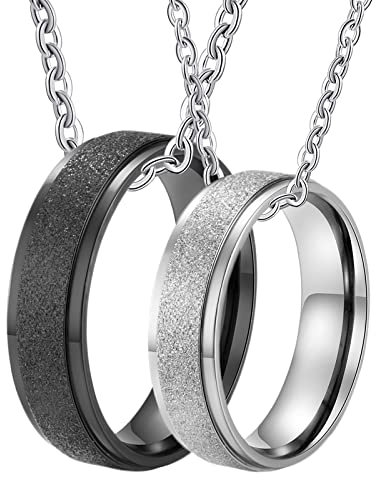 BCughia Partnerketten für 2, Partner Ketten für 2 Silber Schwarz Halskette Personalisiert 6 mm Silber Schwarz Matt Ring Halsketten für Männer