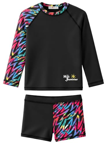 weVSwe Flicka baddräkt UPF 50+ skydd långärmad tvådelad rosett badmode rash guard volanger sällsynta sömmanschetter, svart rosa, 10 år