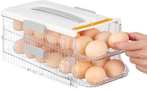 CRROEL Eierhalter für Kühlschrank,Eierbox für zu 28-32 Eier,Klar Doppelschicht Typ Eieraufbewahrungsregal mit Griff,Tragbare Ei Aufbewahrungsbox mit Deckel, Rolldown-Eier-Organizer