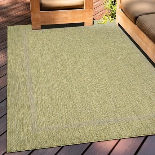 Teppium Outdoor Teppich Wetterfest 200x300 (200 x 290 cm) Grün Sisal Optik - Küchenteppich Waschbar rutschfest, Wasserfest, Bordüre, Pflegeleicht - Ideal für Balkon, Terassen, Garten, Camping, Küche