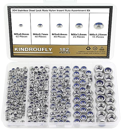 182 Pieces 304 Stainless Steel Lock Nuts, Kindroufly 5 Sizes Metric Locknuts, Nylon Insert Hex Lock Nuts Assortment Kit (M3, M4, M5, M6, M8)