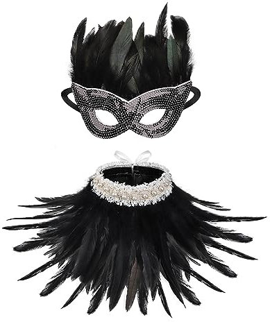 Federkragen mit Maske Federumhang Gothic Cosplay Cape Feder Schal Handwerk Federschal Natürlich Partymaske Geheimnisvoll Rabenkostüm Elegant Achselzucken Frauen Federgeschirr Maskerade Fasching