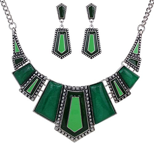 YAZILIND vendimiae étnico Collar Tibetano de Plata Irregular Diamante de imitación Babero Pendientes del Collar de Las señoras de la joyería determinada (Verde)