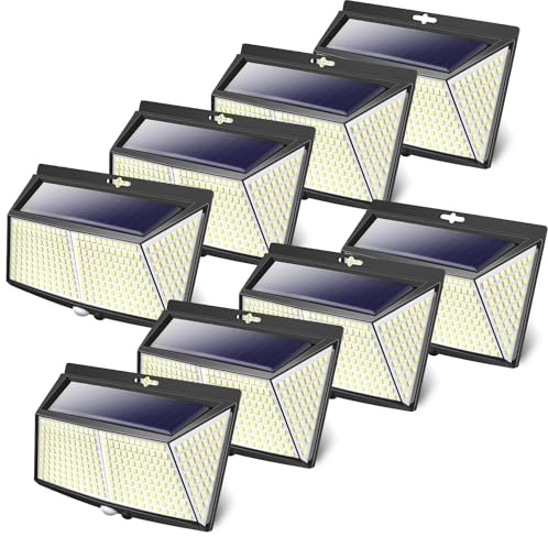 LOTMOS [Lot de 8] 308LED Lampe Solaire Exterieur, Lumiere Solaire avec Detecteur de Mouvement 3 Modes Eclairage Exterieur Solaire Spot Projecteur sans Fil pour Jardin,Terrasse,Garage