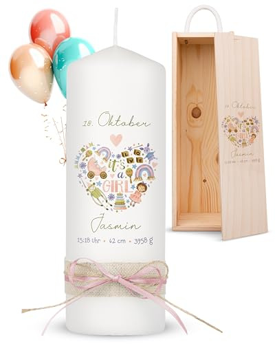 AMARI ® Geburtskerze It's a Girl (002.05.05) H:20cm personalisiert - Individuelle Kerze mit Namen, Gewicht und Geburtsdatum - Einzigartige Babykerze, Geschenk Geburt