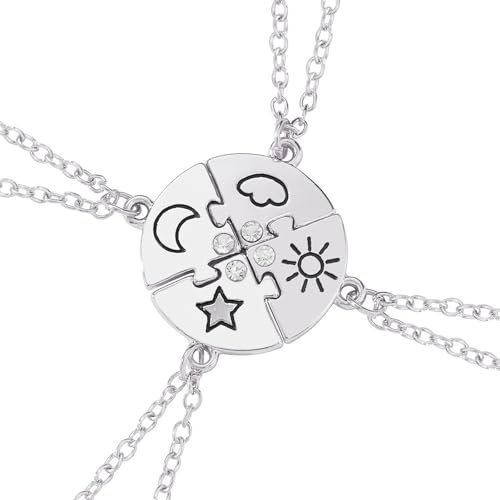 Hifot 4 Stück Halskette Damen Silber Freundschaftskette, Bff Ketten für 4 Mädchen, Sonne Sternen Mond Wolken Runden Halskette Lang für Frauen Kristall Kette Anhänger Geschenk Personalisierter Schmuck