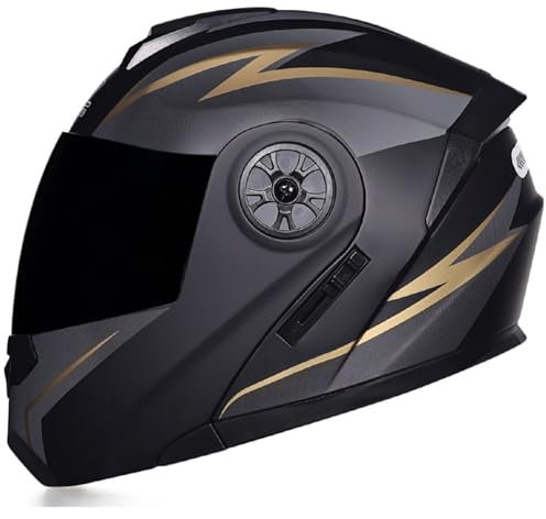 RUYICZB Flip Up Full Face Motorcycle Helmet with Tinted Visors, Modular Motorcycle Helmet DOT/ECE Approved Double Visor Motorbike Helmet, Moped ATV Scooter Helmet, Men And Women,Black gold,S 55~56CM